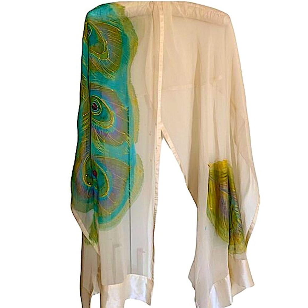OOAK Hand Painted Silk Peacock Feather Shawl Scarf Unworn